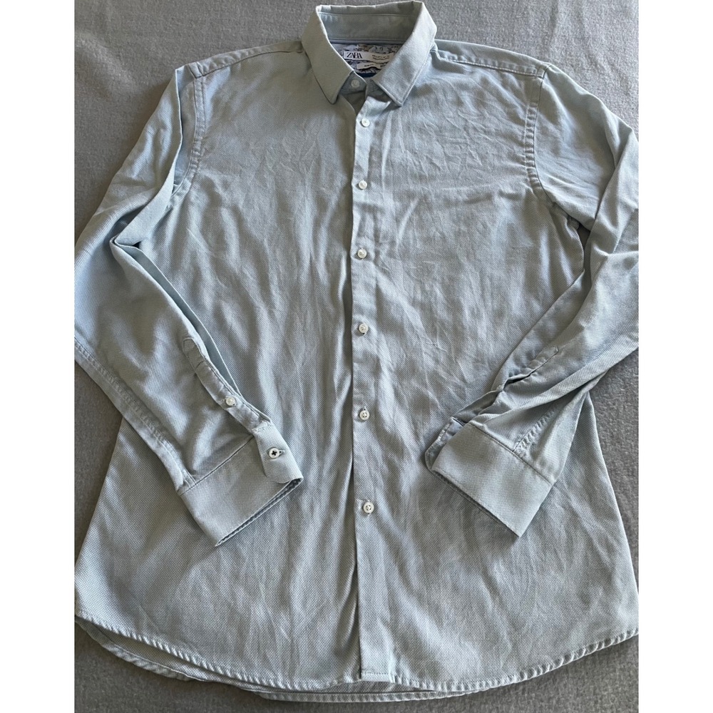 Zara Man Slim Fit Button Down Shirt Light Mint Textured Pique Long Sleeve Large